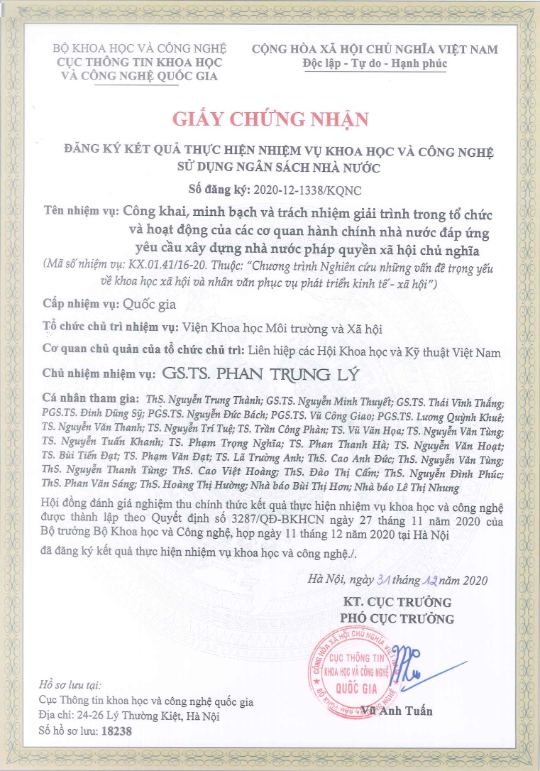 Kết quả thực hiện đề tài “Công khai, minh bạch và trách nhiệm giải trình trong tổ chức và hoạt động của các cơ quan hành chính nhà nước đáp ứng yêu cầu xây dựng nhà nước pháp quyền xã hội chủ nghĩa”, Mã số KX.01.41/16-20 6 Cong khai minh bach va trach nhiem giai trinh